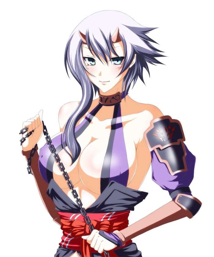 iwamoto eiri, shizuka (queen's blade), queen's blade, bad id, bad pixiv id, 00s, 1girl, armor, blue eyes, blush, breasts, chain, cleavage, female focus, headband, horns, huge breasts, purple hair, sideboob, solo