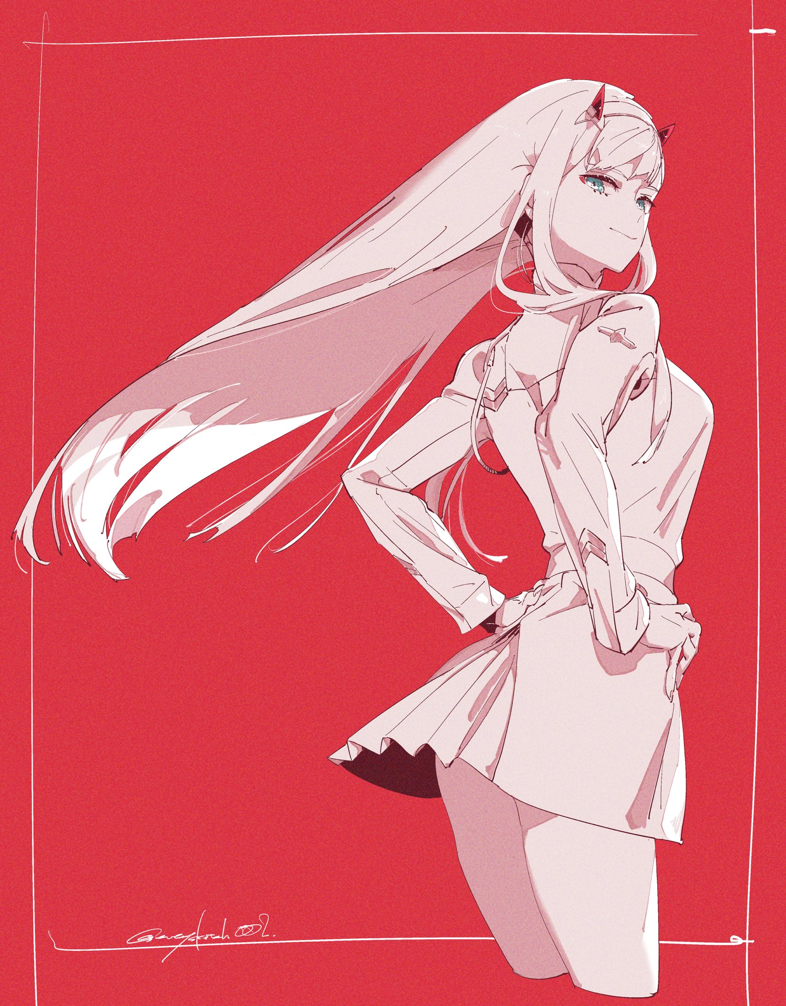 everysketch002, zero two (darling in the franxx), darling in the franxx, highres, breasts, cropped legs, green eyes, hands on own hips, horns, long hair, looking at viewer, medium breasts, red background, red horns, school uniform, simple background, skirt, solo, thighs