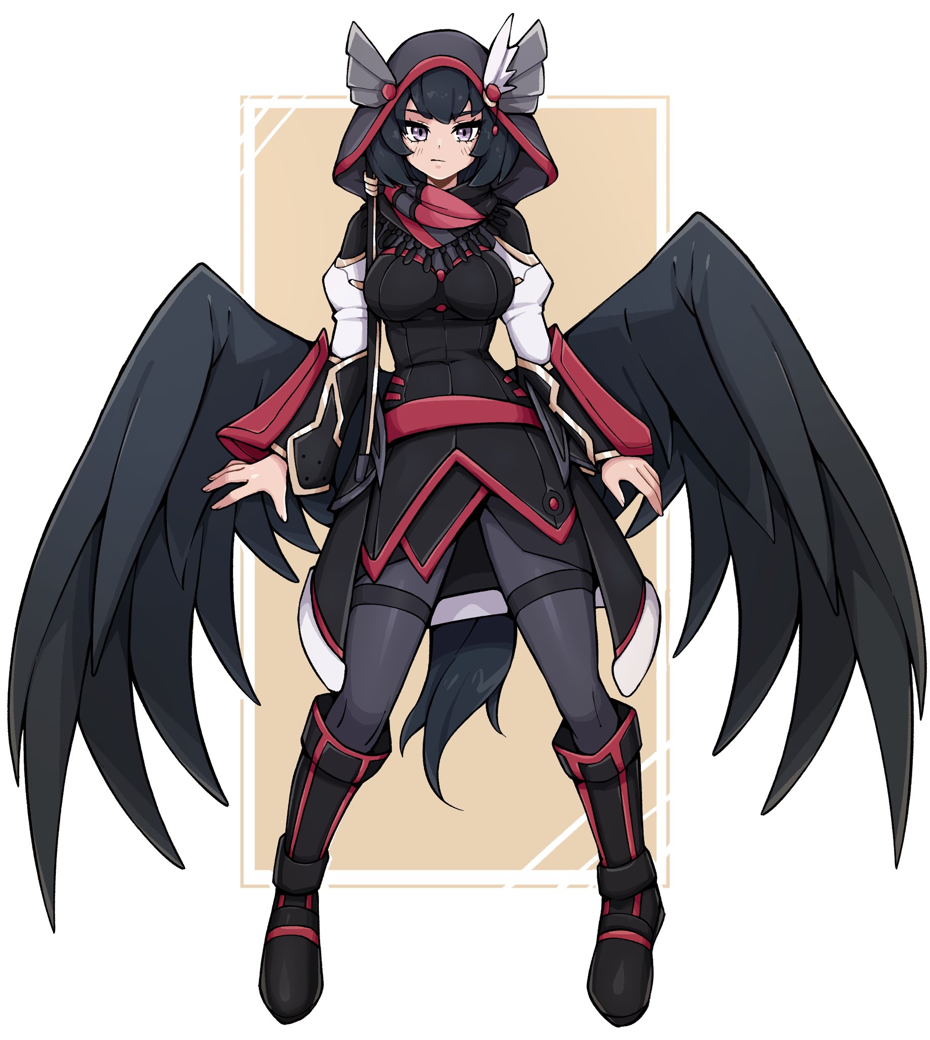 oninuer, original, commentary, commission, english commentary, highres, 1girl, black boots, black dress, black hair, black pantyhose, boots, breasts, closed mouth, dress, feathered wings, full body, large breasts, long sleeves, looking at viewer, pantyhose, purple eyes, red scarf, scarf, short hair, simple background, solo, standing, wings