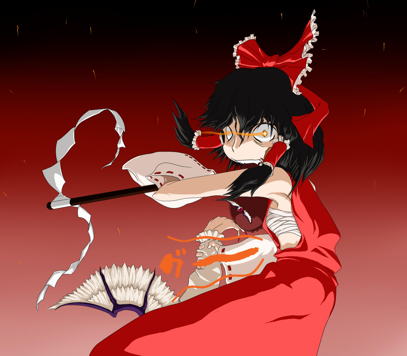 namushi, hakurei reimu, mystia lorelei, touhou, highres, 2girls, black hair, crazy eyes, detached sleeves, female focus, gradient background, hat, japanese clothes, miko, multiple girls, ribbon