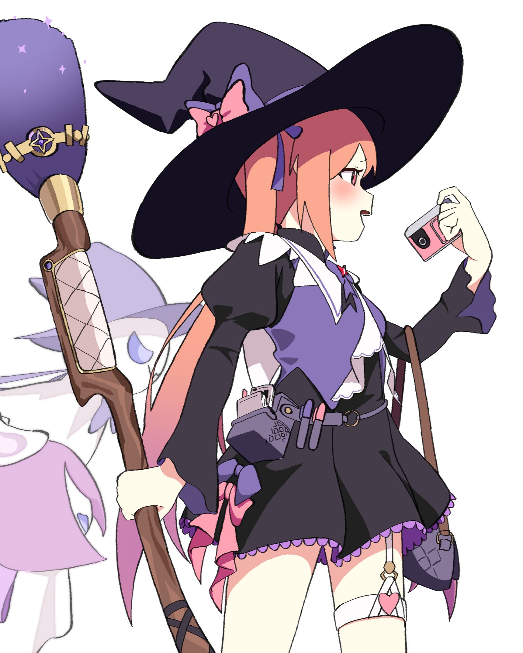 mistique (stella sora), stella sora, commentary, hashtag-only commentary, highres, 1girl, black dress, black hat, broom, camera, cowboy shot, dress, hair ribbon, hat, holding, holding broom, holding camera, juliet sleeves, long sleeves, looking ahead, miyamura (mymr06), open mouth, orange hair, profile, puffy sleeves, pumpka phantom (stella sora), purple ribbon, ribbon, short dress, simple background, smile, solo, twintails, white background, witch hat