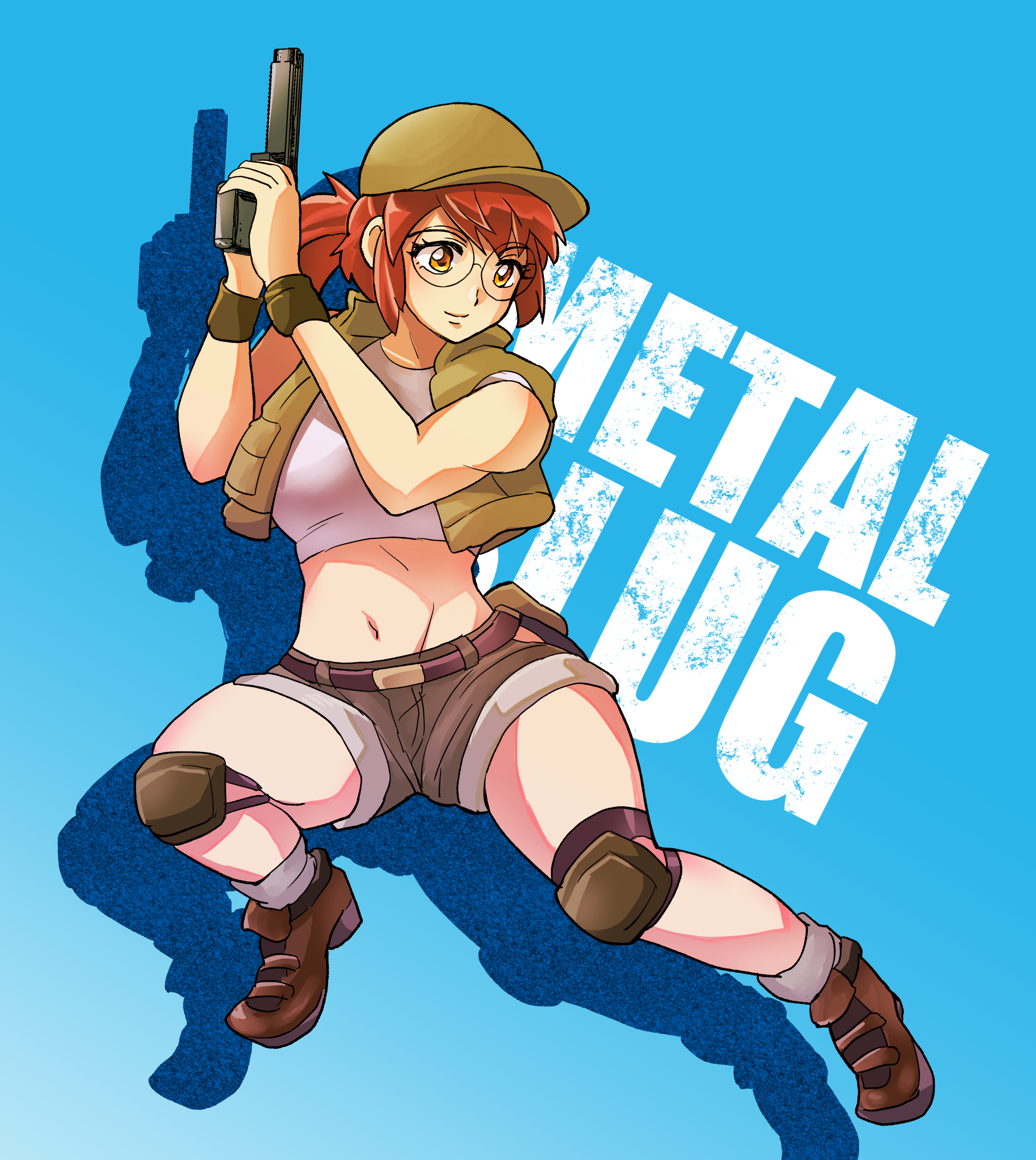 bardothodol, fio germi, metal slug, commentary request, highres, 1girl, belt, blue background, boots, brown belt, brown boots, brown shorts, copyright name, crop top, drop shadow, full body, glasses, green hat, green vest, gun, handgun, hat, holding, holding gun, holding weapon, knee pads, midriff, navel, open clothes, open vest, orange eyes, orange hair, ponytail, round eyewear, short shorts, shorts, solo, vest, weapon, wristband