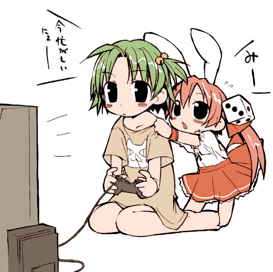 saxyun, dejiko, usada hikaru, di gi charat, 2girls, animal ears, barefoot, bell, blush stickers, chibi, clothes pull, controller, dice, dress, game console, game controller, green hair, hair ornament, hair ribbon, jingle bell, long hair, multiple girls, pink hair, playing games, rabbit ears, ribbon, shirt pull, short hair, sitting, skirt, video game, wristband