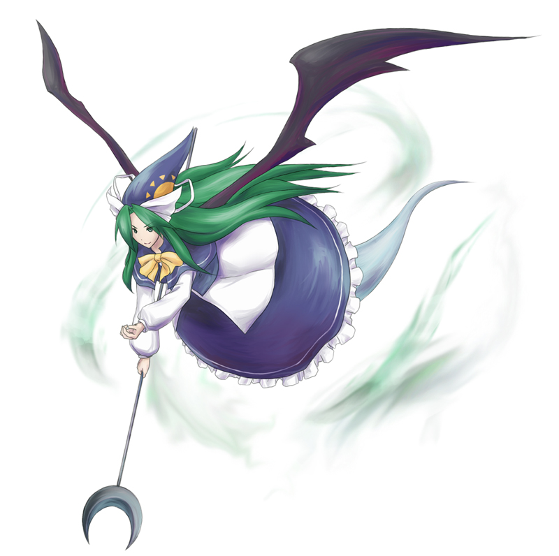 serene (gusarme), serene (pixiv66339), mima (touhou), touhou, touhou (pc-98), 1girl, black wings, dress, female focus, full body, green eyes, green hair, hat, long hair, solo, white background, wings, wizard hat
