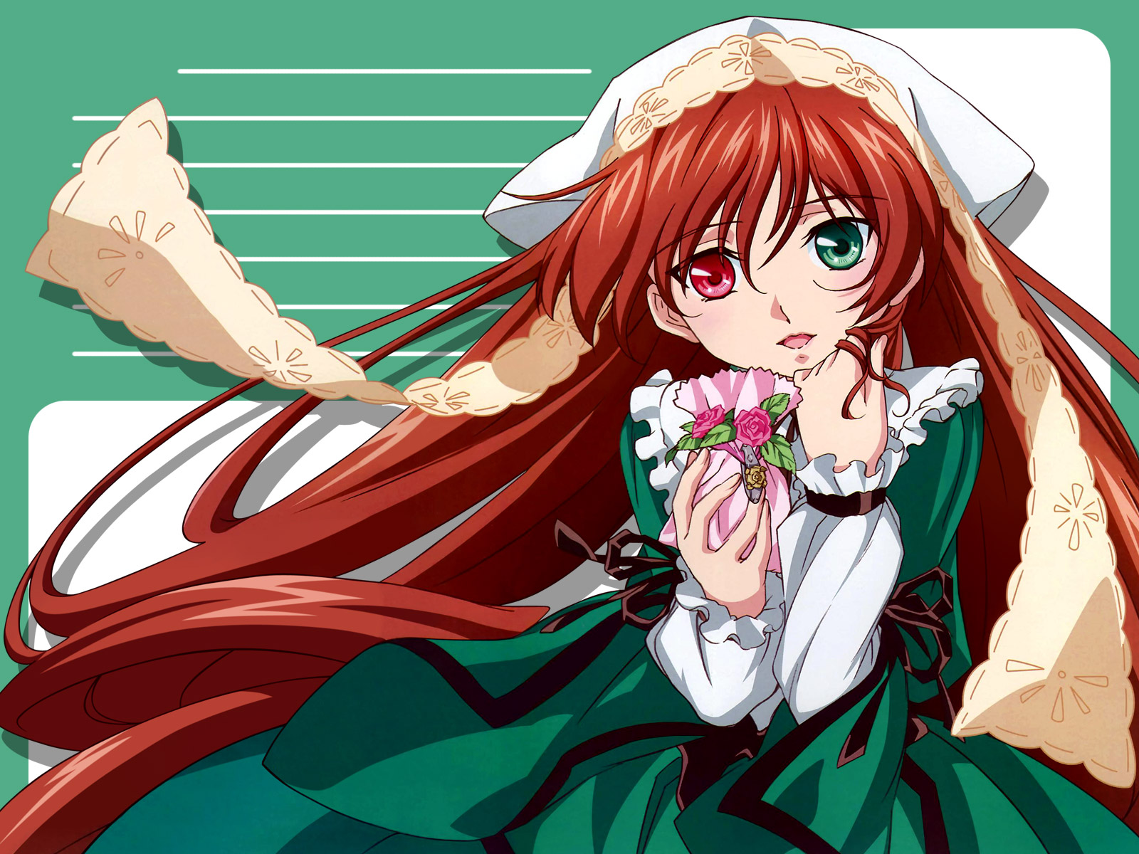 tamura masafumi, suiseiseki, rozen maiden, highres, 00s, 1girl, brown hair, female focus, headscarf, heterochromia, long hair, solo, white headscarf
