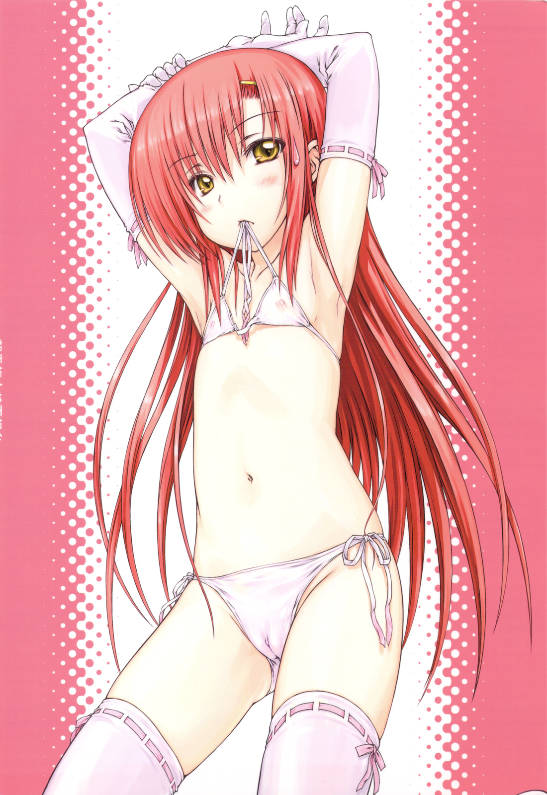 focke wulf, itou shizuka, katsura hinagiku, kousaka tamaki, hayate no gotoku!, to heart (series), to heart 2, highres, 1girl, armpits, arms up, bikini, blush, bra, bra in mouth, cameltoe, clothes in mouth, cosplay, covered erect nipples, elbow gloves, female focus, flat chest, gloves, hairband, kousaka tamaki (cosplay), lingerie, loli, long hair, mouth hold, navel, nipples, open bra, panties, pink bra, pink hair, pink panties, pink thighhighs, ribbon-trimmed gloves, ribbon-trimmed legwear, ribbon trim, see-through clothes, side-tie bikini bottom, side-tie panties, solo, swimsuit, thighhighs, underwear, underwear only, voice actor connection, yellow eyes