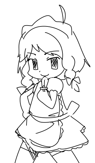 tefu, izayoi sakuya, touhou, 1girl, chibi, female focus, greyscale, knife, maid, monochrome, sketch, smile, solo, thighhighs, white background