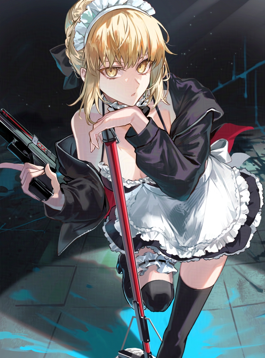 poppoman, artoria pendragon (fate), saber alter, saber alter (swimsuit rider) (second ascension), fate/grand order, fate (series), highres, 1girl, apron, bikini, black bikini, black jacket, black ribbon, black skirt, black thighhighs, blonde hair, blush, braid, breasts, choker, cleavage, frilled choker, frilled thigh strap, frills, gun, hair bun, hair ribbon, hood, hooded jacket, jacket, long hair, long sleeves, looking at viewer, maid, maid bikini, maid headdress, medium breasts, mop, navel, off shoulder, open clothes, open jacket, ribbon, sidelocks, skirt, solo, swimsuit, thigh strap, thighhighs, thighs, unconventional maid, waist apron, weapon, white apron, yellow eyes
