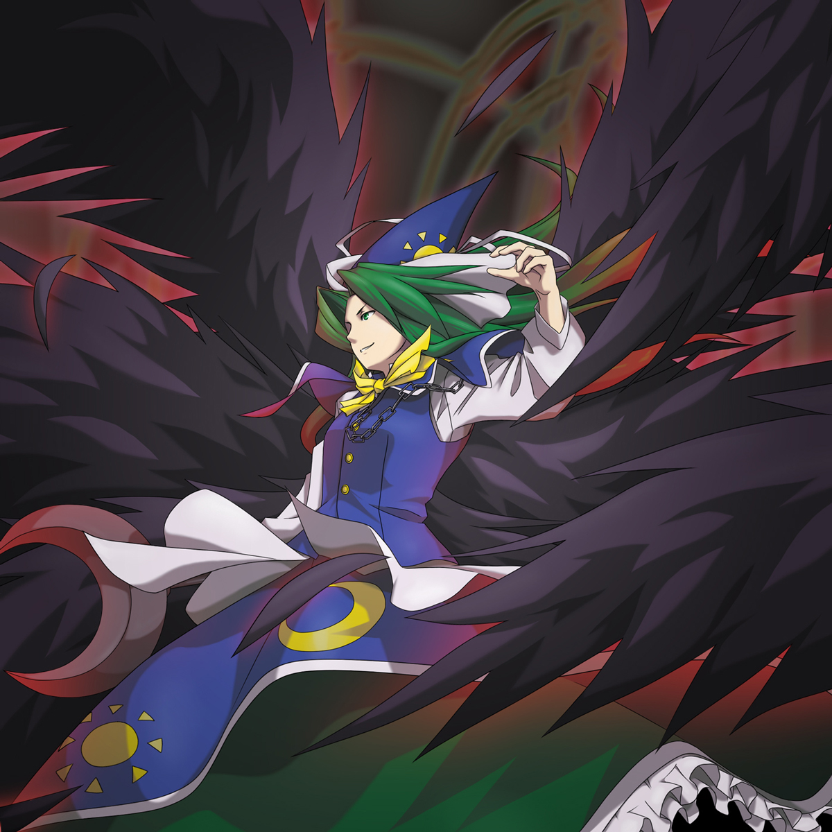 serene (gusarme), serene (pixiv66339), mima (touhou), touhou, touhou (pc-98), highres, 1girl, black wings, female focus, green eyes, green hair, hat, long hair, matching hair/eyes, multiple wings, solo, wings, wizard hat