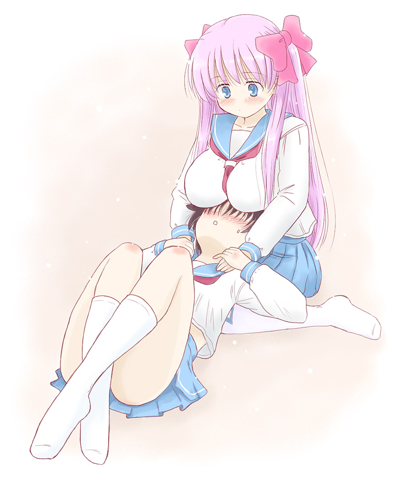 haramura nodoka, miyanaga saki, saki (manga), 00s, 2girls, blush, brown hair, lap pillow, multiple girls, pink hair, school uniform, serafuku, socks, thighhighs