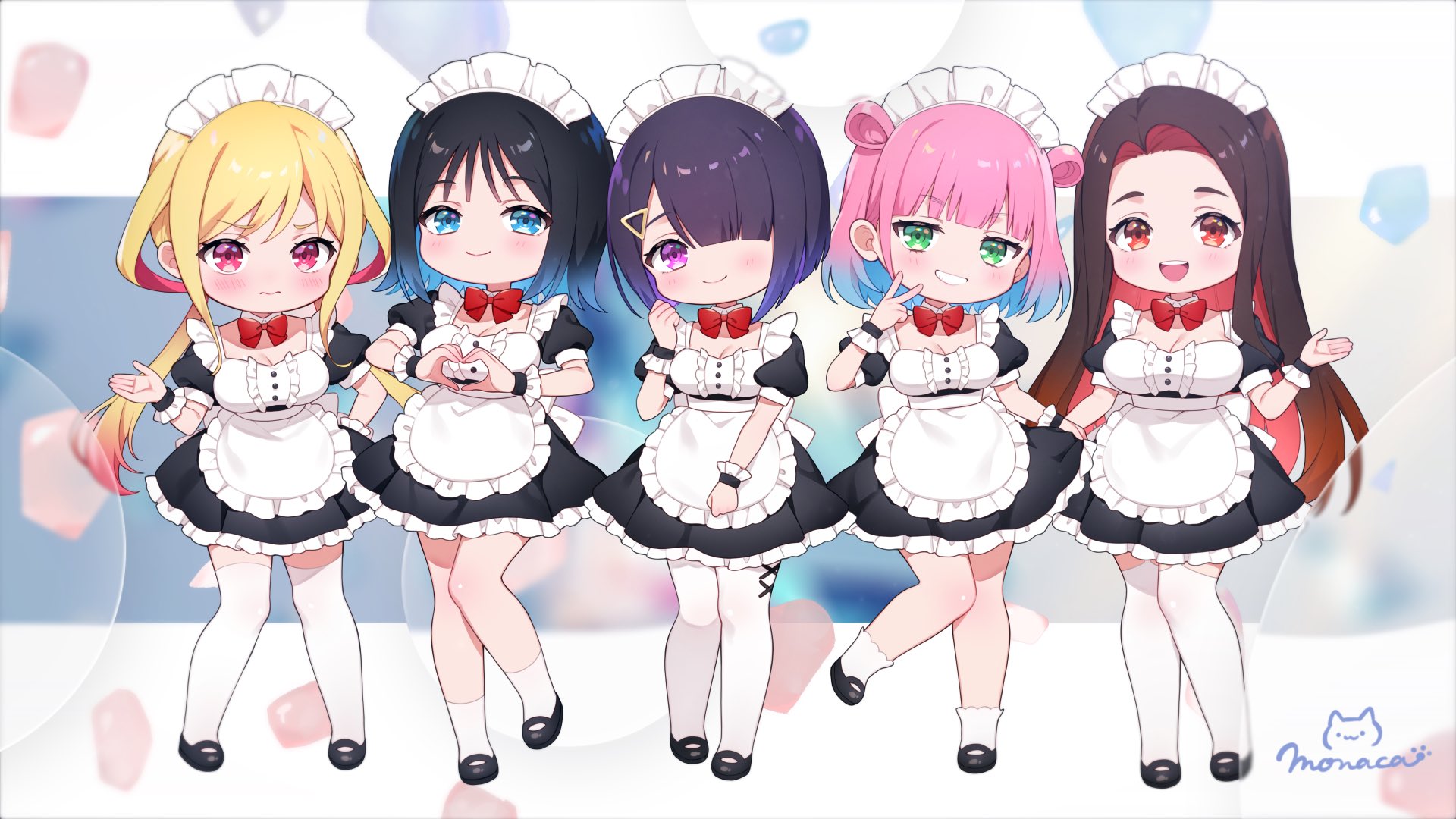 yui (spica), hongou miyuki, kitahara aoba, kusunoki aroma, sayamagaoka chiyo, sumiyoshi izumi, sawaranaide kotesashi-kun, commentary request, commission, highres, 5girls, alternate costume, apron, artist name, black dress, black hair, black shoes, blonde hair, blue eyes, blue hair, blunt bangs, blunt ends, blush, bow, bowtie, brown hair, closed mouth, colored inner hair, deformed, detached collar, dress, enmaided, frilled wristband, full body, gradient hair, green eyes, grin, hair ornament, hair over one eye, heart, heart hands, lineup, long hair, maid, maid apron, maid headdress, mary janes, multicolored hair, multiple girls, open mouth, pink eyes, pink hair, purple eyes, purple hair, red bow, red bowtie, red eyes, red hair, shoes, short hair, skirt hold, smile, socks, standing, standing on one leg, teeth, thighhighs, twintails, upper teeth only, v, white socks, white thighhighs, wispy bangs