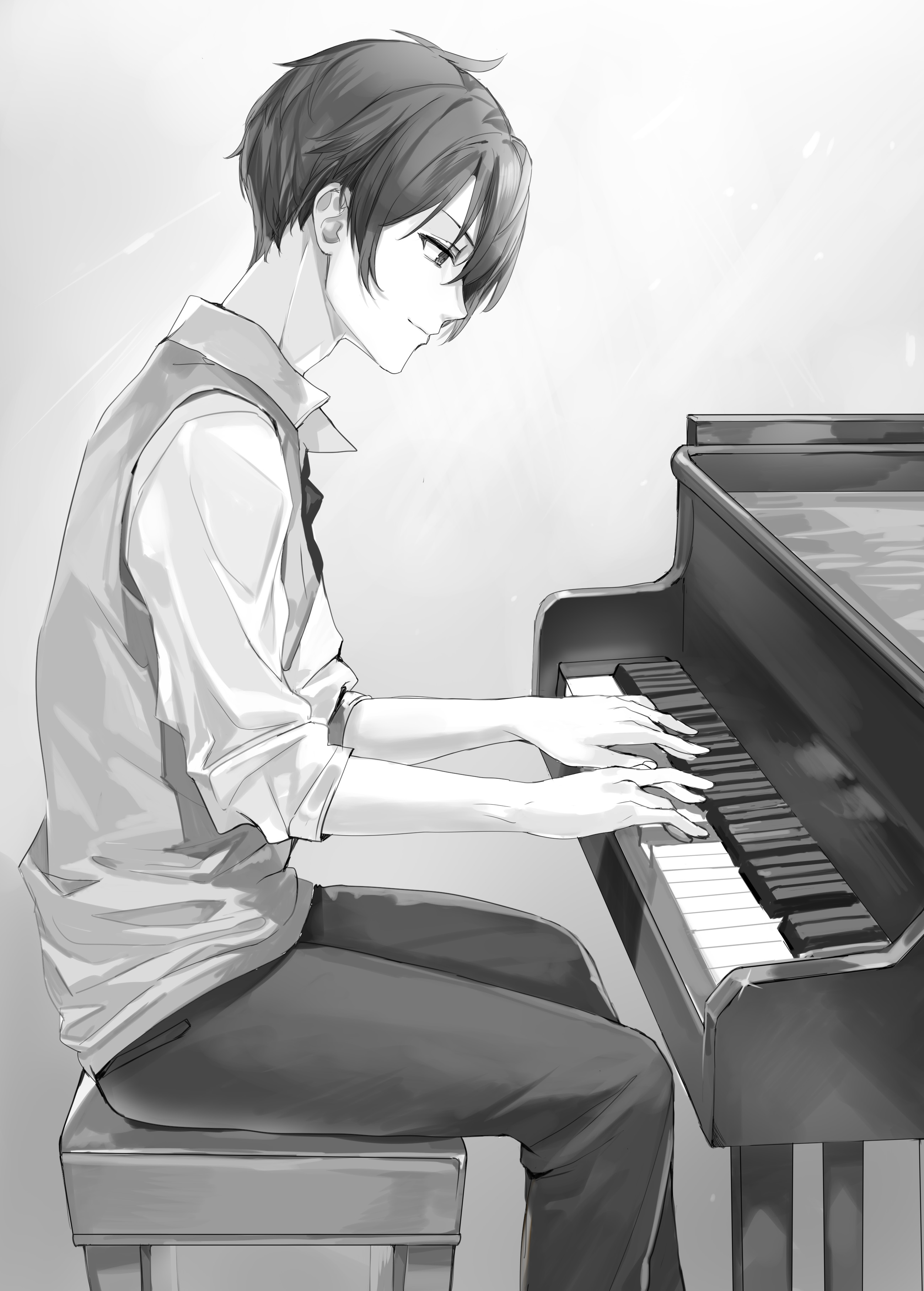 momoko (momopoco), kuze masachika, tokidoki bosotto roshia-go de dereru tonari no alya-san, absurdres, commentary request, highres, novel illustration, official art, second-party source, 1boy, collared shirt, from side, grand piano, greyscale, instrument, looking down, male focus, monochrome, music, pants, piano, playing instrument, playing piano, school uniform, shirt, short hair, simple background, sitting, sleeves pushed up, smile, solo, sweater, wing collar