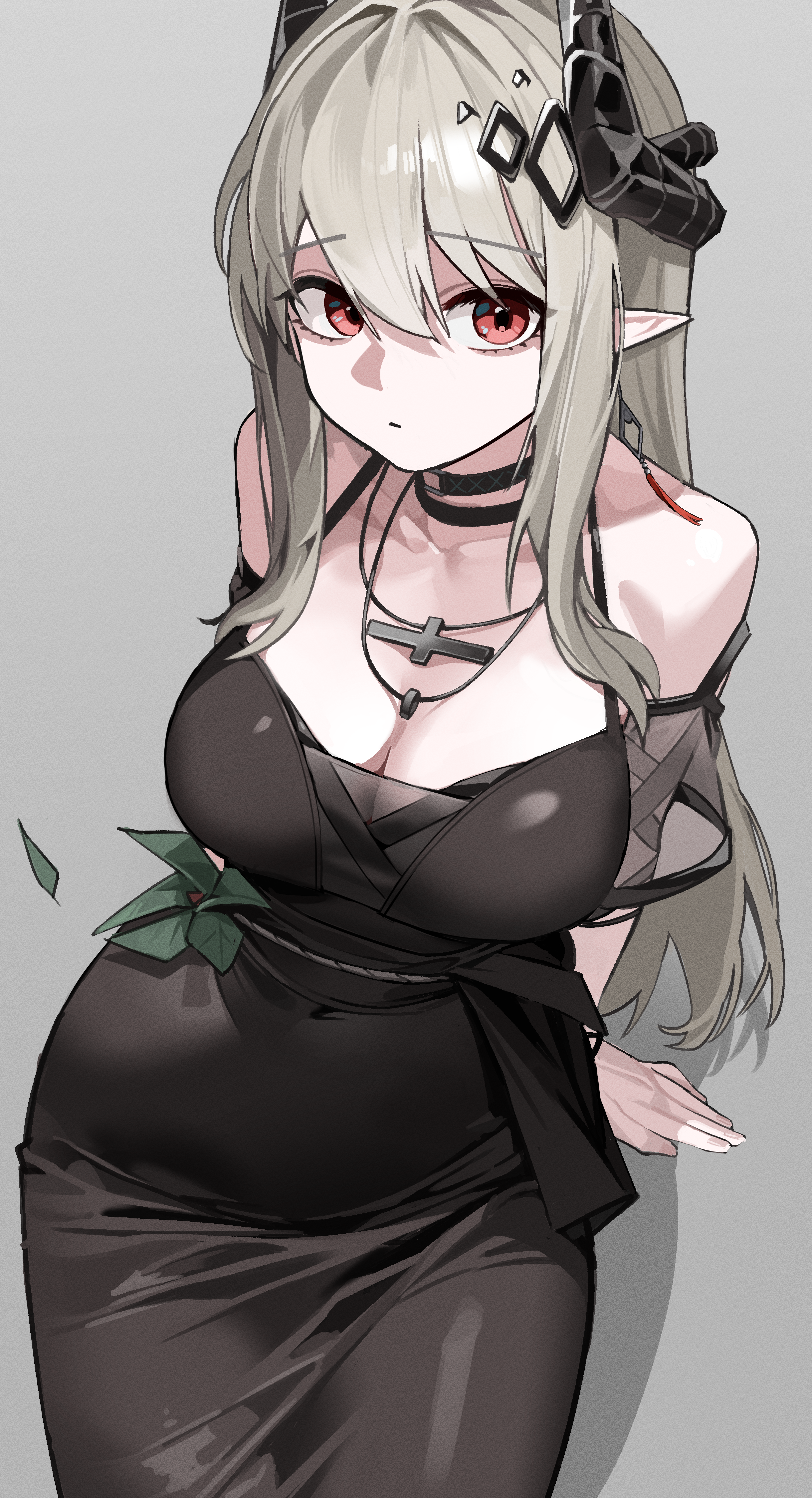 seueo, mudrock (arknights), mudrock (obsidian) (arknights), arknights, absurdres, highres, 1girl, black choker, black dress, breasts, choker, cleavage, closed mouth, covered navel, cross, cross necklace, demon girl, demon horns, dress, grey background, grey hair, horns, jewelry, large breasts, long hair, looking at viewer, material growth, necklace, official alternate costume, pointy ears, red eyes, simple background, solo