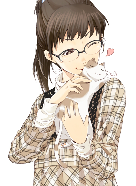 pirlo, original, plaid, 1girl, :3, brown eyes, brown hair, cat, female focus, glasses, one eye closed, ponytail, solo, wink