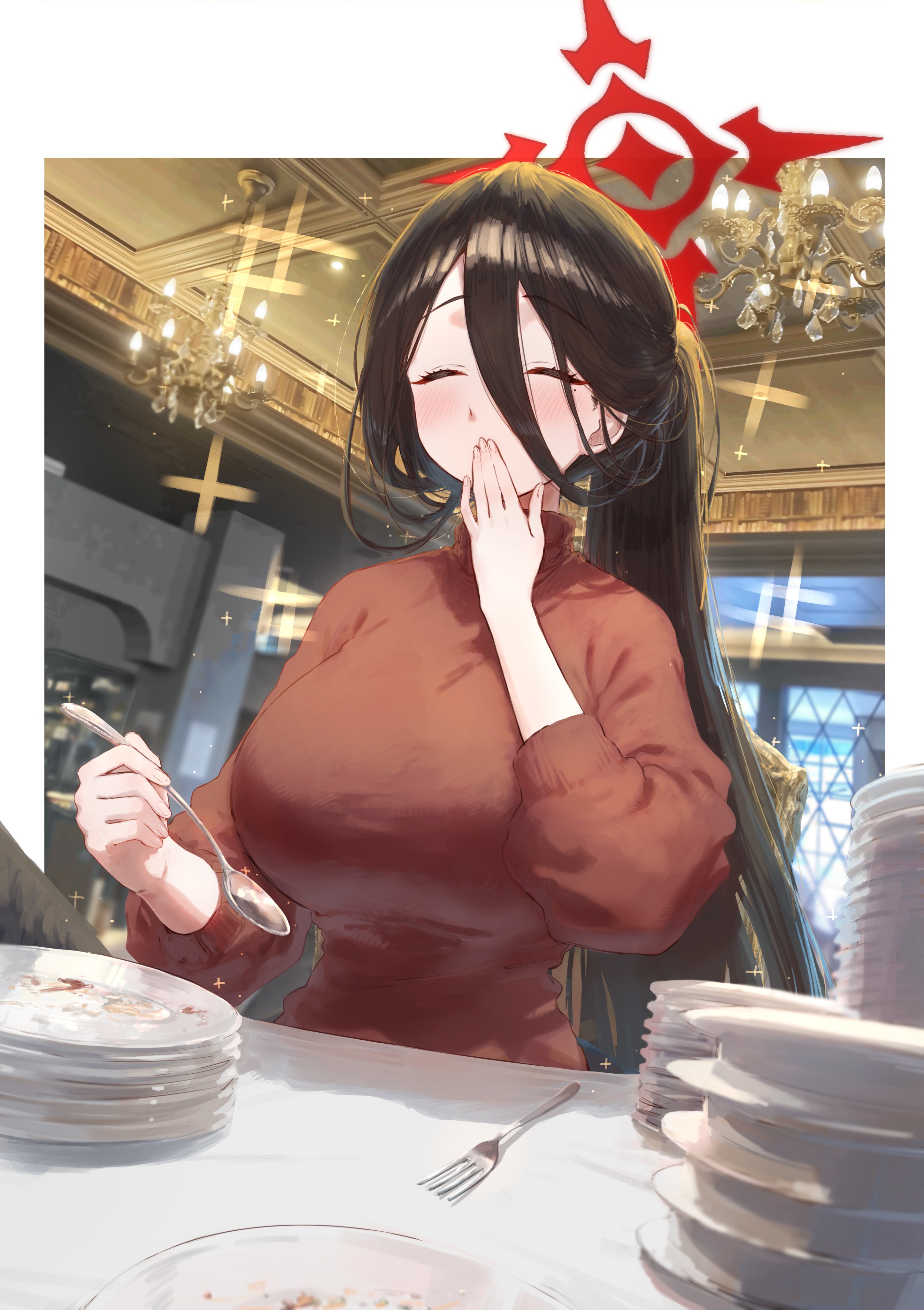 eshineko, hasumi (blue archive), blue archive, absurdres, commentary, highres, 1girl, black hair, blush, border, breasts, chandelier, closed eyes, covering own mouth, empty plate, fork, halo, hand over own mouth, happy aura, holding, holding spoon, indoors, large breasts, long hair, mole, mole under eye, outside border, plate, plate stack, ponytail, red halo, red sweater, restaurant, solo, spoon, sweater, table, turtleneck, white border