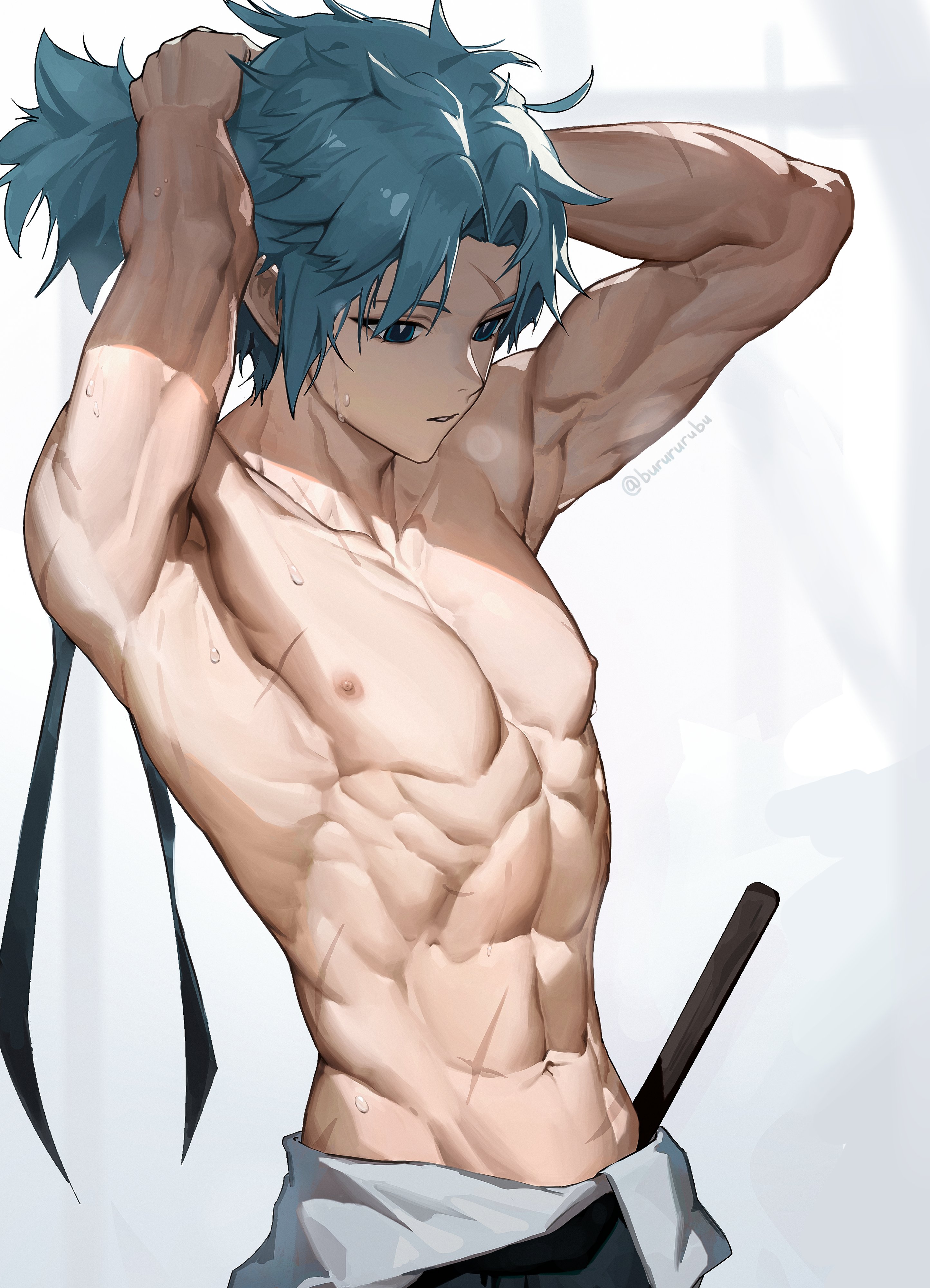 shin ra ra, toudou heisuke (fate), fate/grand order, fate (series), absurdres, highres, 1boy, black hakama, blue eyes, hair tie, hakama, japanese clothes, male focus, multiple scars, muscular, muscular male, pectorals, ponytail, scar, scar on arm, scar on chest, scar on face, scar on forehead, scar on stomach, shinai, short ponytail, solo, sword, topless male, toudou heisuke (final ascension) (fate), tying hair, weapon, white background, white hair, wooden sword