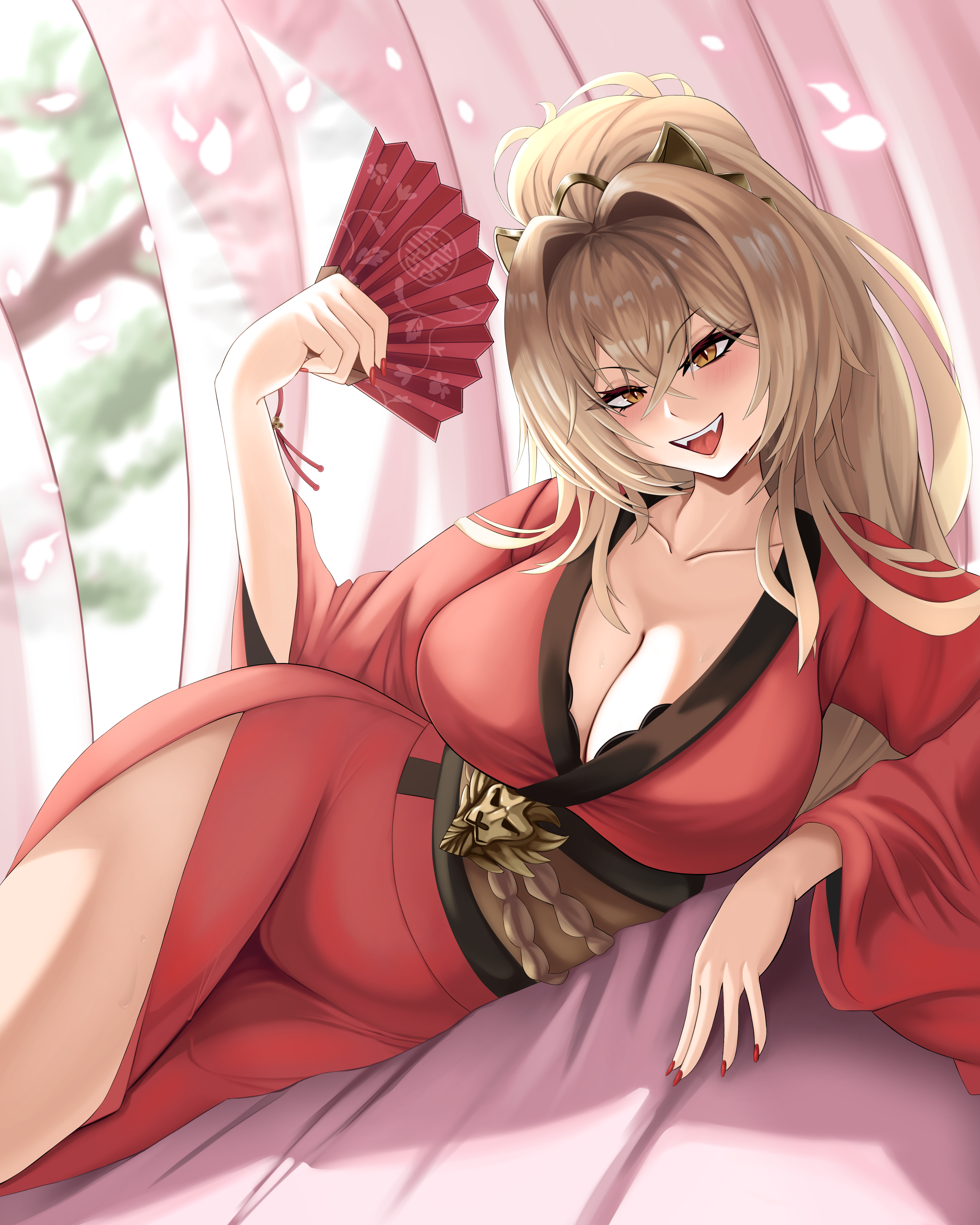 kasaiartz, lion (azur lane), azur lane, absurdres, highres, blush, breasts, brown eyes, brown hair, cleavage, curtains, fangs, hair intakes, hair ornament, hand fan, high ponytail, huge breasts, japanese clothes, kimono, looking at viewer, lying, on side, open mouth, ponytail, red kimono, red nails