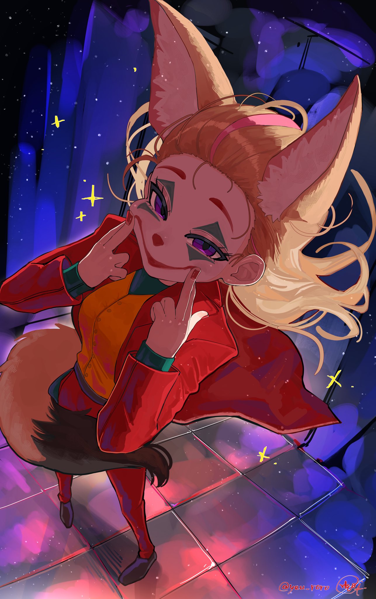 yuuppi, omaru polka, the joker, batman (series), dc comics, hololive, joker (2019), highres, 1girl, animal ears, black shoes, blonde hair, cosplay, facepaint, fingernails, floating clothes, formal clothes, fox ears, fox girl, fox tail, full body, jacket, joker (dc) (cosplay), long hair, long sleeves, looking at viewer, multicolored hair, nail polish, open clothes, open jacket, pants, pink streaks, purple eyes, red jacket, red nails, red pants, red suit, shoes, signature, solo, standing, streaked hair, suit, tail, twitter username