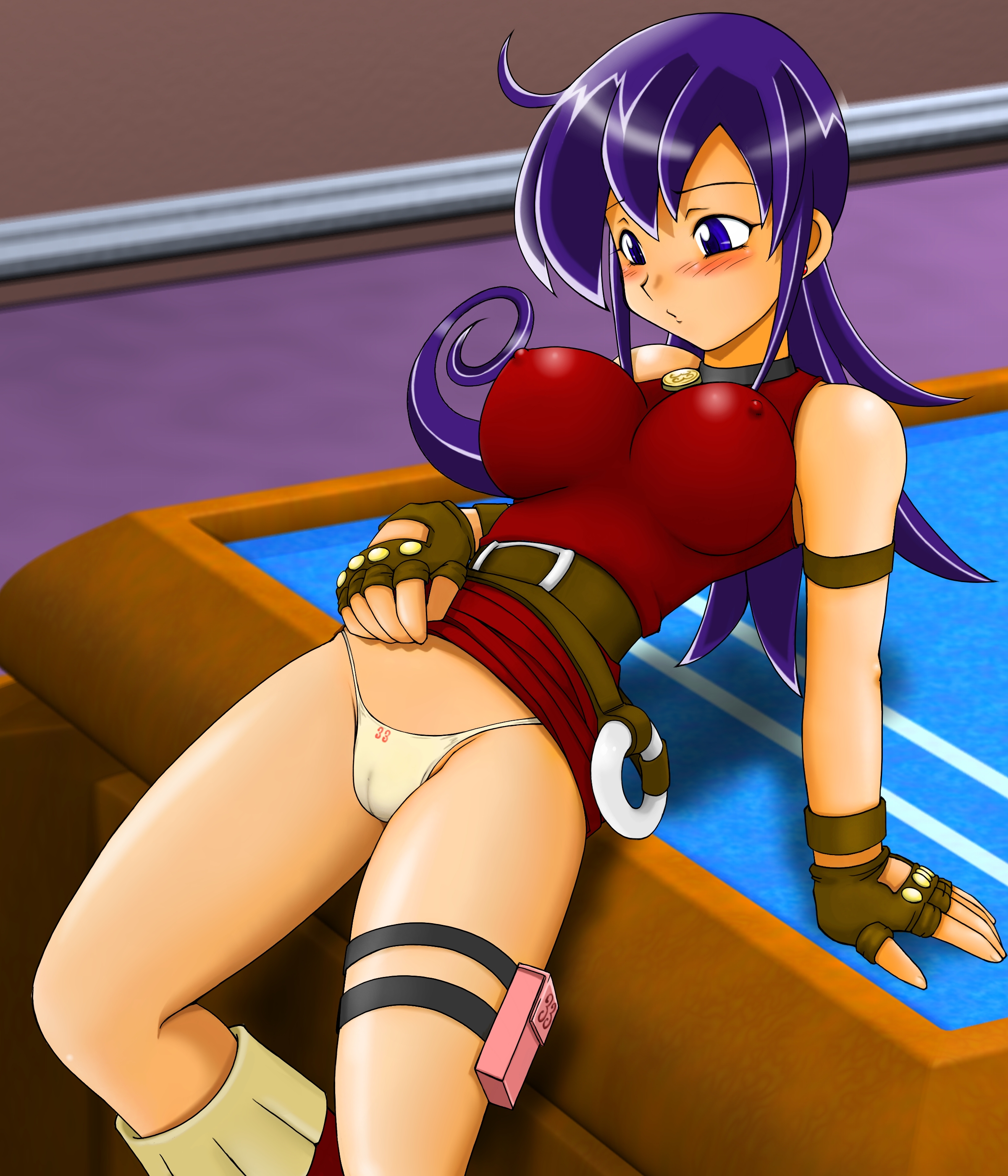 tsumitani daisuke, tasogare mimi, duel masters, absurdres, highres, belt, blue eyes, blue hair, blush, breasts, clothes lift, covered erect nipples, earrings, fingerless gloves, gloves, impossible clothes, jewelry, large breasts, necklace, panties, purple eyes, purple hair, skirt, skirt lift, solo, underwear