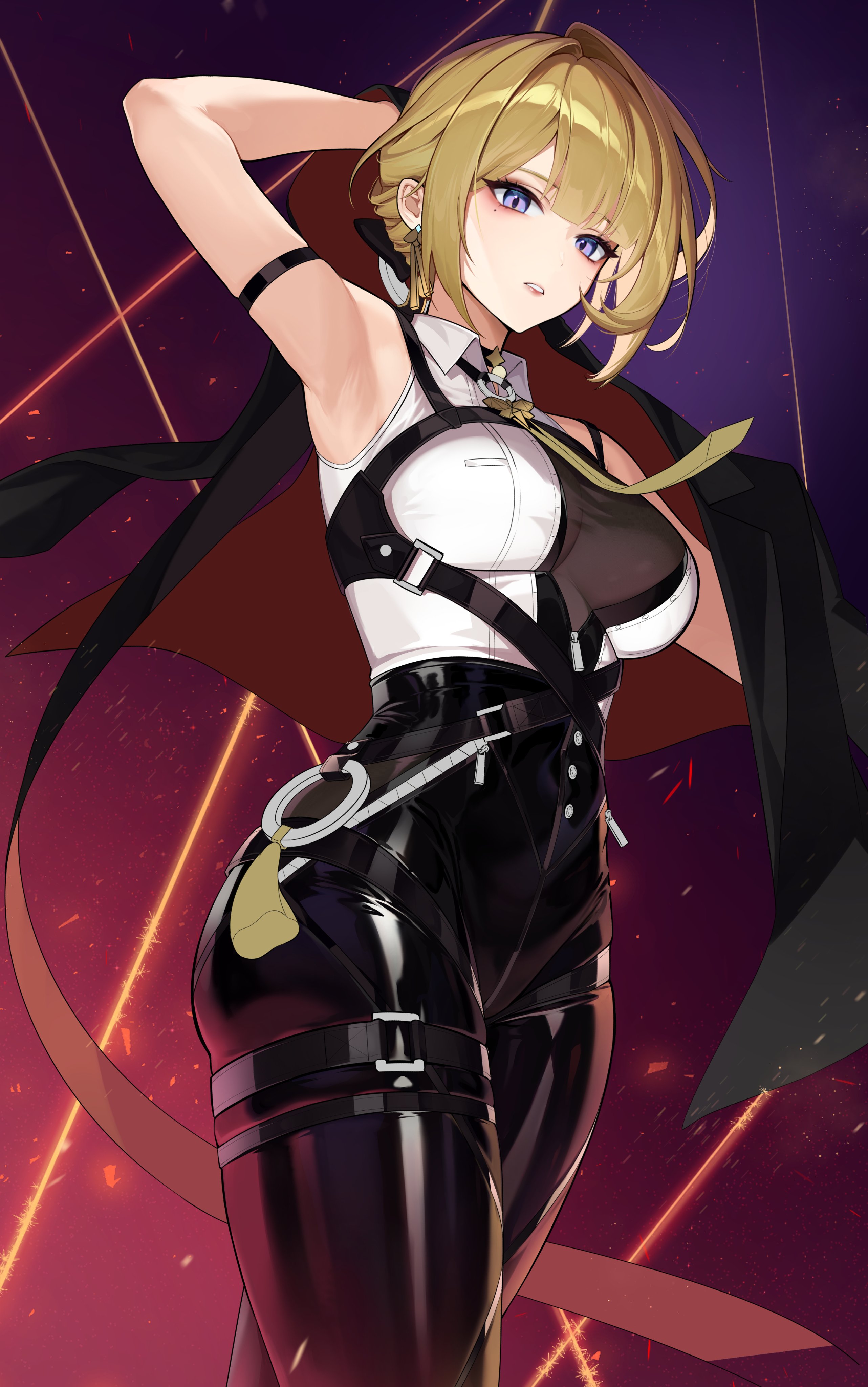 ssong990, evelyn chevalier, zenless zone zero, absurdres, commentary, english commentary, highres, 1girl, arm strap, arm up, armpits, ass, bare shoulders, black coat, black pants, blonde hair, breasts, chest harness, coat, earrings, harness, high-waist pants, jewelry, latex, latex pants, long ribbon, looking at viewer, necktie, pants, purple eyes, red background, ring hair ornament, see-through clothes, shirt, solo, standing, thighs, thread, tight clothes, tight pants, white shirt, yellow necktie