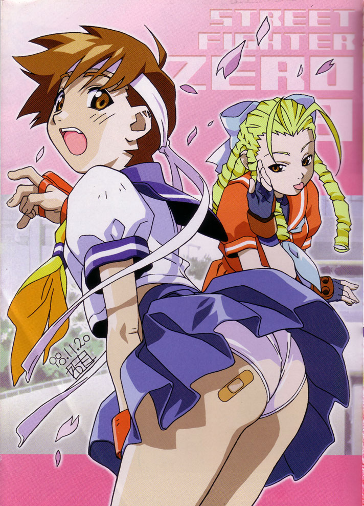 watanabe akio, kanzuki karin, kasugano sakura, capcom, street fighter, street fighter zero (series), 1990s (style), 2girls, :p, ass, bandages, bandaid, blue sailor collar, covering crotch, covering privates, hair slicked back, multiple girls, panties, sailor collar, school uniform, skirt, skirt tug, tongue, tongue out, underwear, white panties, wind, wind lift