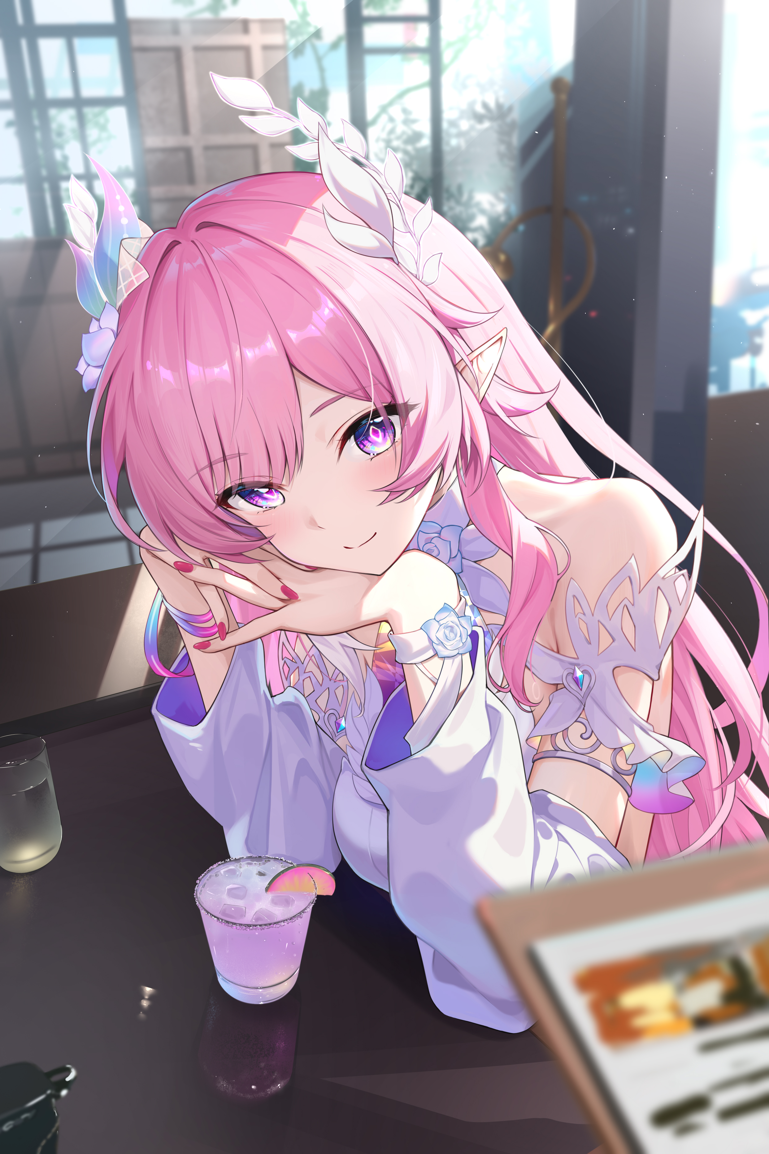 kuroida, cyrene (honkai: star rail), cyrene (ripples of past reverie) (honkai: star rail), honkai: star rail, honkai (series), absurdres, chinese commentary, commentary, commentary request, english commentary, highres, mixed-language commentary, multilingual commentary, paid reward available, partial commentary, 1girl, armlet, bare shoulders, blurry, blurry background, blurry foreground, breasts, closed mouth, cup, depth of field, diamond-shaped pupils, diamond (shape), drinking glass, fingernails, hair ornament, indoors, jewelry, light blush, long hair, looking at viewer, medium breasts, nail polish, pink hair, pink nails, pointy ears, pov, purple eyes, sidelocks, smile, solo, symbol-shaped pupils
