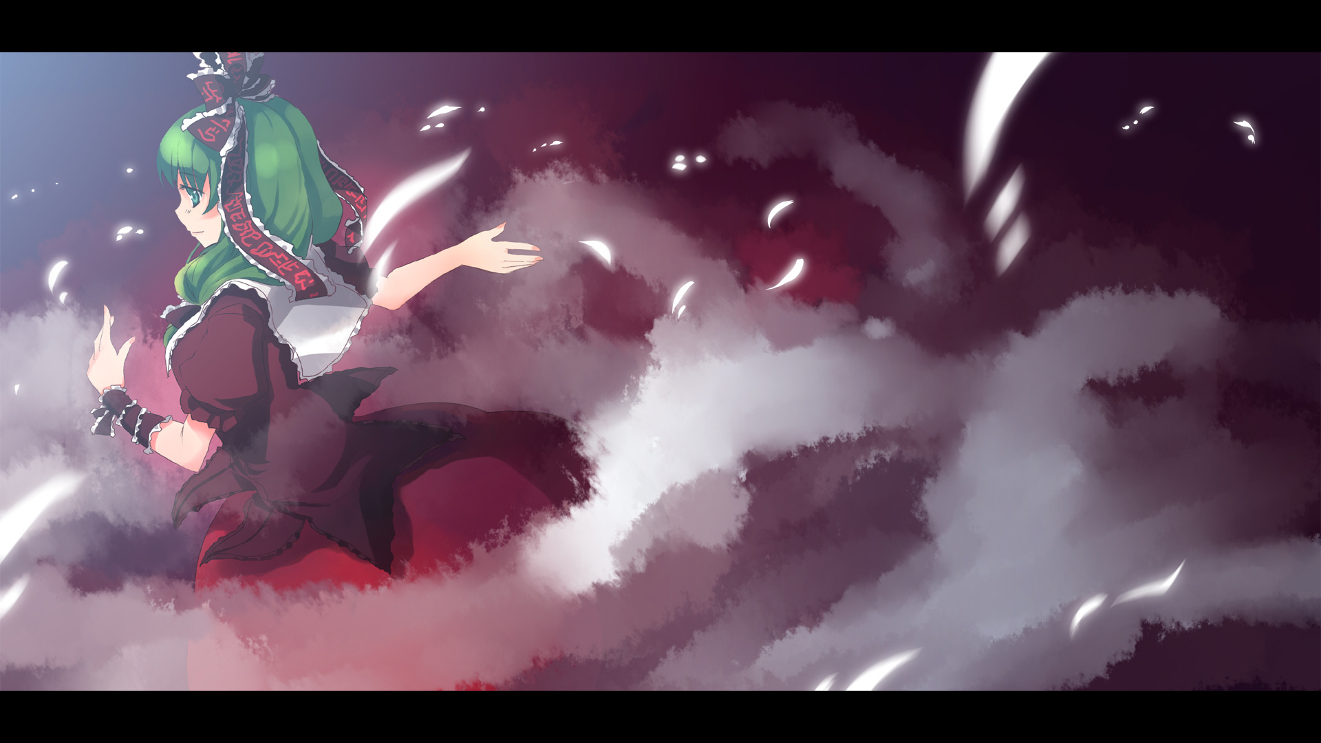 takuzui, kagiyama hina, touhou, highres, 1girl, dress, female focus, gradient background, green eyes, green hair, hair ribbon, letterboxed, long hair, matching hair/eyes, ribbon, solo