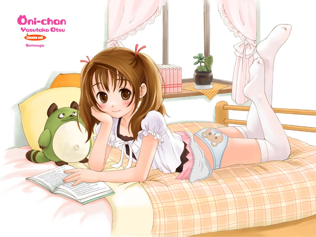 1girl, animal print, bear print, bed, bedroom, book, brown hair, feet, female focus, indoors, panties, print panties, socks, solo, stuffed animal, stuffed toy, twintails, underwear
