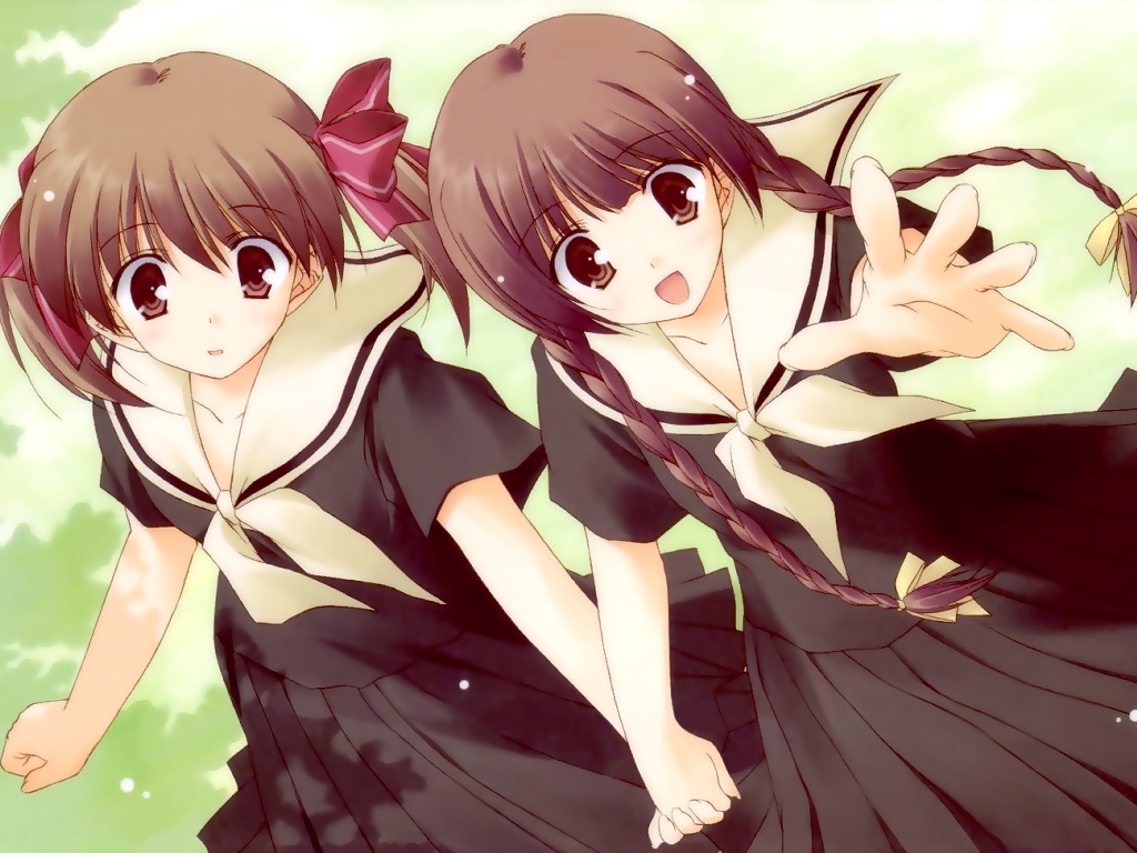 fukuzawa yumi, shimazu yoshino, maria-sama ga miteru, 00s, braid, brown hair, holding hands, school uniform, twin braids, twintails