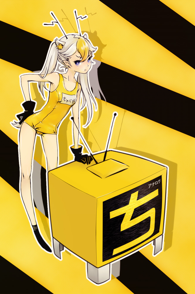 reika (artist), reika (clovia studio), chidejika, japan commercial broadcasters association, bad id, bad pixiv id, 1girl, :t, animal ears, antennae, antlers, blonde hair, blue eyes, cameltoe, deer antlers, deer ears, deer tail, female focus, gloves, horns, long hair, multicolored hair, one-piece swimsuit, personification, school swimsuit, solo, streaked hair, swimsuit, tail, television, twintails, yellow one-piece swimsuit, yellow theme