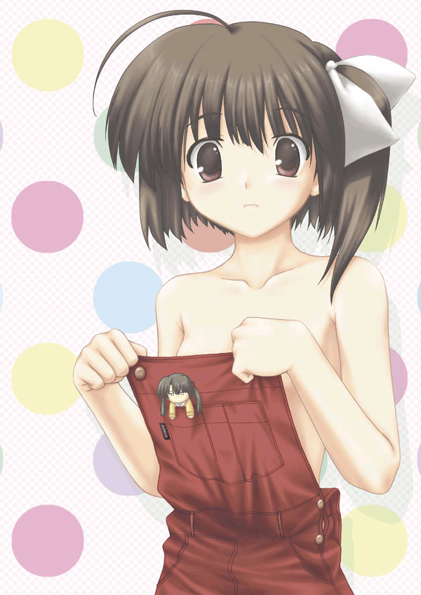 kida emiri, sumadera yukio, tenshi no inai 12-gatsu, black hair, brown eyes, chibi, naked overalls, overalls, stuffed animal, stuffed toy