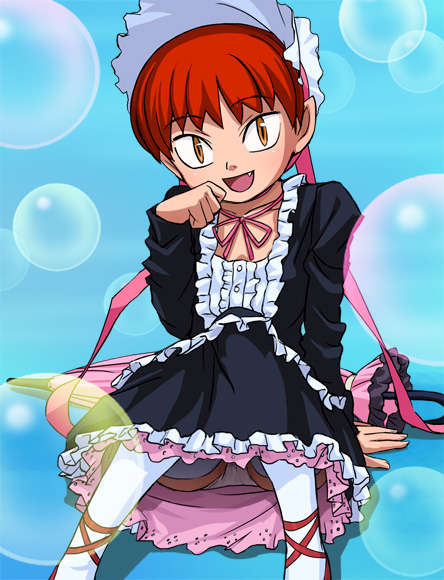 haruyama kazunori, nekomusume, nekomusume (gegege no kitarou 5), gegege no kitarou, toei company, tagme, 1girl, child, female focus, gothic lolita, lingerie, lolita fashion, panties, petticoat, red hair, solo, thighhighs, underwear, white panties, yellow eyes