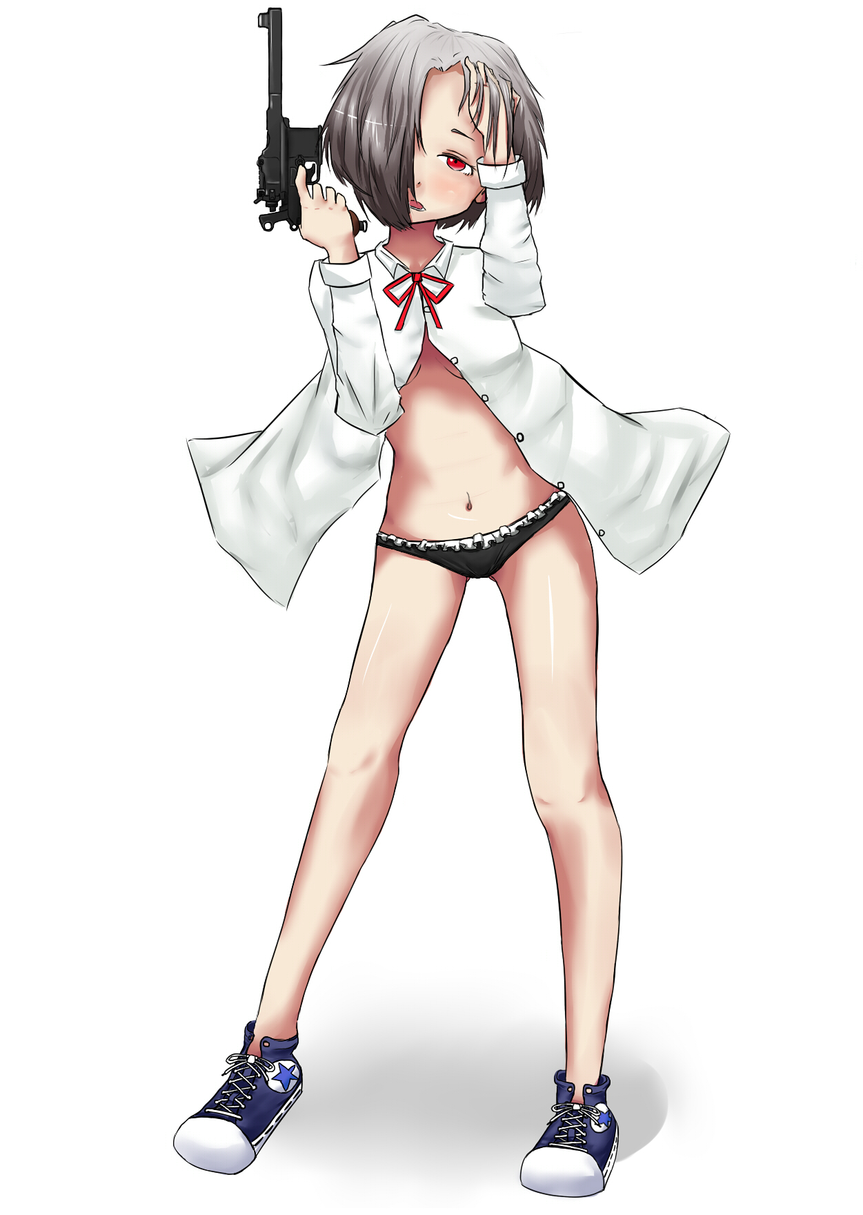highres, grey hair, gun, handgun, mauser c96, open clothes, panties, pistol, red eyes, short hair, solo, underwear, weapon