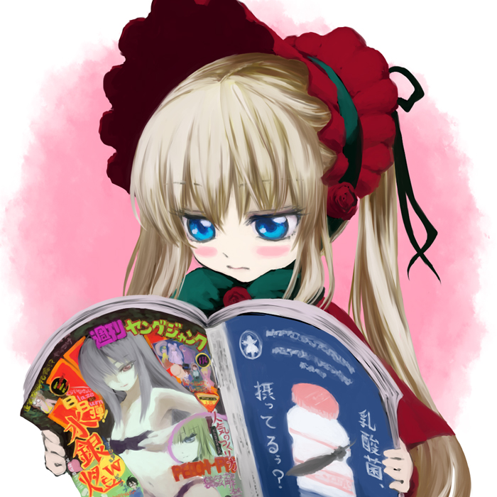 iseki, iseki (kuroshura no tabiji), iseki (otameshi), barasuishou, hinaichigo, kanaria, kirakishou, sakurada jun, shinku, souseiseki, suigintou, suiseiseki, rozen maiden, yakult, silver hair, 00s, 1girl, 3:, bikini, blonde hair, blue eyes, blush, blush stickers, bonnet, book, book focus, bow, eyelashes, feathers, female focus, jitome, magazine (object), reading, solo, swimsuit