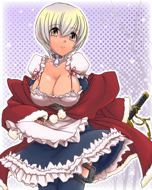 urokozuki, original, bell, breasts, brown eyes, cleavage, collar, dark-skinned female, dark skin, dress, frills, gradient hair, large breasts, multicolored hair, solo, sword, thighhighs, weapon, zettai ryouiki