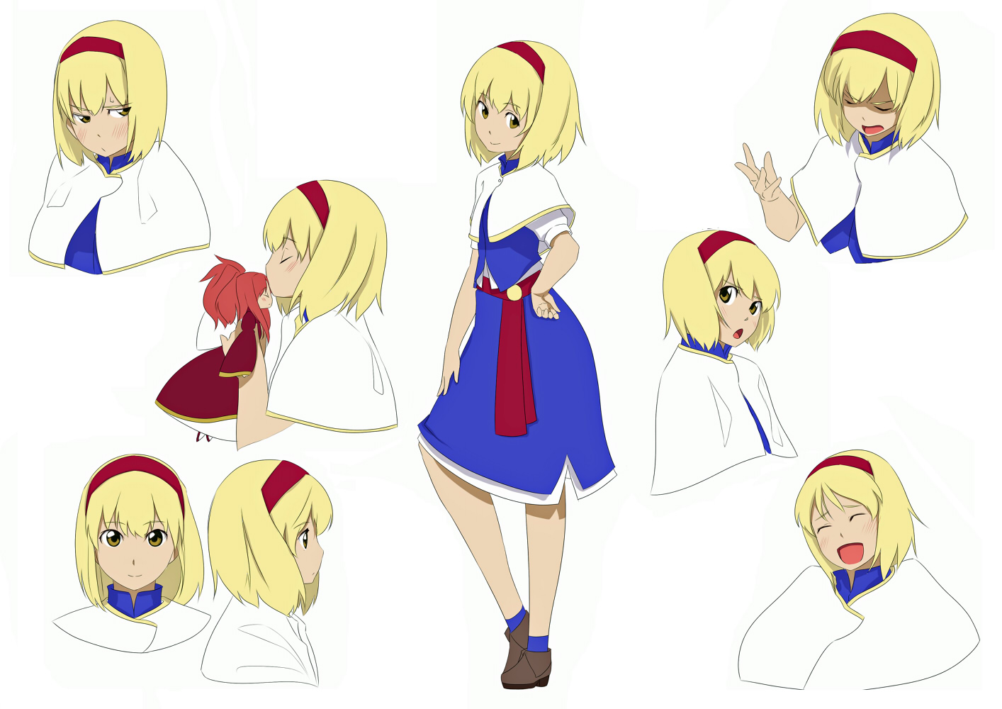 gustav (telomere na), alice margatroid, touhou, 1girl, blonde hair, brown eyes, capelet, doll, female focus, full body, hairband, multiple expressions, multiple views, reference sheet, short hair, simple background, standing, upper body, white background