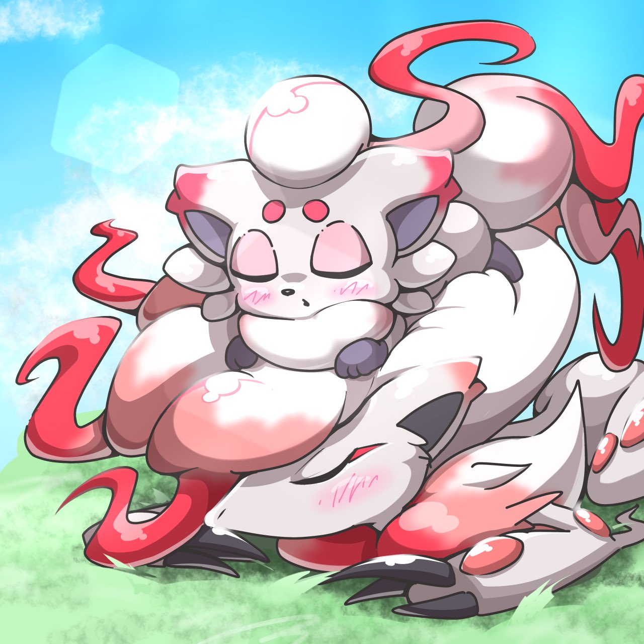 hisuian zoroark, hisuian zorua, nintendo, pokemon, highres, 2others, blue background, blush stickers, closed eyes, cloud, cloudy sky, green background, kensan345, lying, multiple others, no humans, on grass, on stomach, open mouth, red fur, sky, sleeping, sleeping on pokemon
