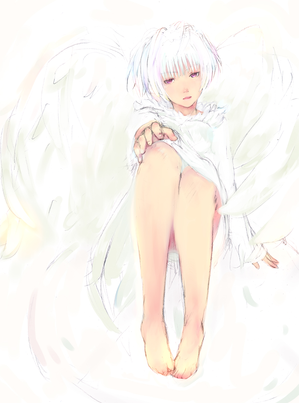nimirom, original, bad id, bad pixiv id, highres, 1girl, angel, angel wings, barefoot, feet, female focus, pink eyes, short hair, sketch, solo, white hair, wings