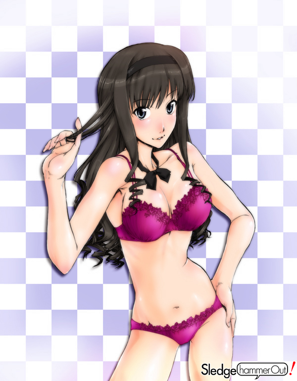 yoshijima ataru, morishima haruka, amagami, 1girl, black hair, bra, breasts, curly hair, female focus, hairband, hand on own hip, hip focus, lingerie, long hair, panties, solo, underwear, underwear only