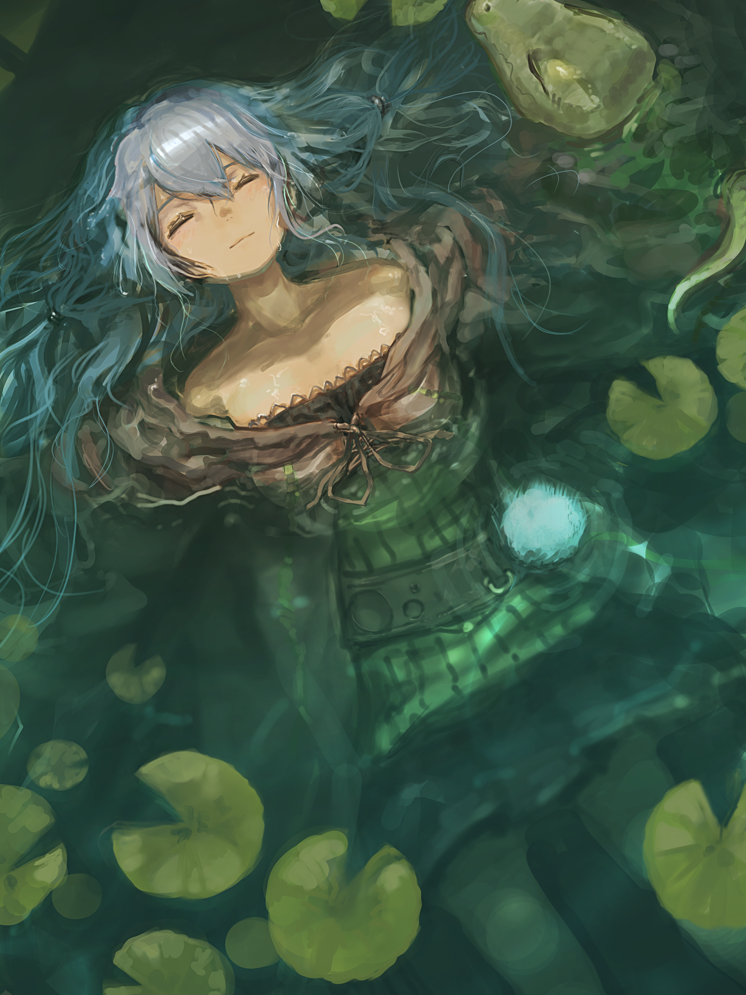 puka (puka bgart), eria (yu-gi-oh!), eria the water charmer, gigobyte, yu-gi-oh!, highres, 1girl, belt, blue hair, breasts, closed eyes, duel monster, in water, lily pad, long hair, lying, medium breasts, on back, pom pom (clothes), ribbed shirt, robe, shirt
