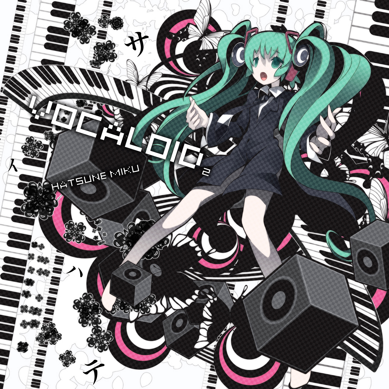 uki (room 405), hatsune miku, hatsune miku (saihate), saihate (vocaloid), vocaloid, highres, headphones, long hair, necktie, solo, twintails, very long hair