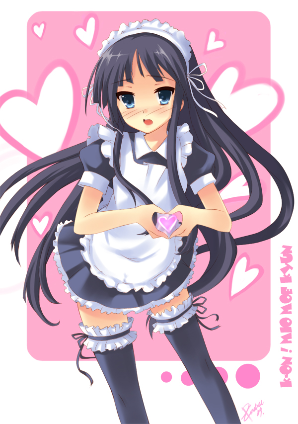 peach88, akiyama mio, k-on!, 00s, 1girl, alternate costume, apron, black hair, blue eyes, blunt bangs, blush, dress, enmaided, female focus, frilled thighhighs, frills, hairband, heart, heart hands, hime cut, long hair, maid, maid apron, maid headdress, moe moe kyun!, solo, thighhighs, zettai ryouiki