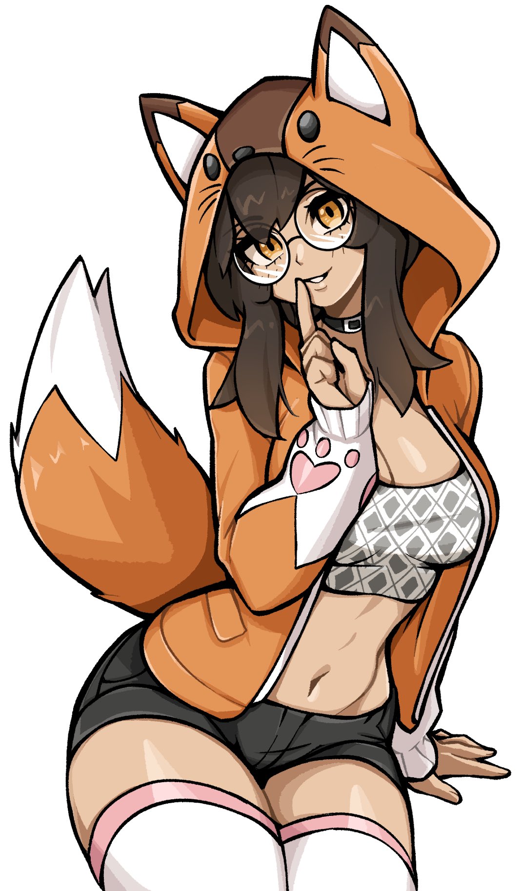 oninuer, original, commentary, commission, highres, 1girl, animal ears, animal hood, black choker, black shorts, breasts, brown hair, choker, crop top, double-parted bangs, fake animal ears, fake tail, finger to mouth, fox ears, fox hood, fox tail, glasses, hood, hooded jacket, jacket, large breasts, long hair, long sleeves, looking at viewer, micro shorts, midriff, navel, open clothes, open jacket, orange eyes, orange jacket, round eyewear, shorts, simple background, smile, solo, tail, thighhighs, white background, white thighhighs