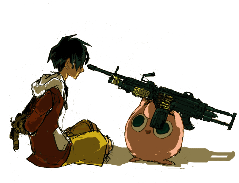 chiva, ethan (pokemon), ethan (pokemon) (classic), jigglypuff, nintendo, pokemon, pokemon gsc, bad id, bad pixiv id, 1990s (style), 1boy, arms behind back, at gunpoint, bdsm, bondage, bound, bound wrists, crazy eyes, epic, evil grin, evil smile, gen 1 pokemon, grin, gun, gun to head, hostage, light machine gun, m249 saw, machine gun, pokemon (creature), retro artstyle, sitting, smile, weapon, what, you gonna get raped