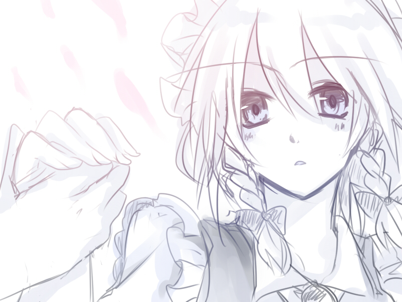 kanaritu, izayoi sakuya, touhou, bad id, bad pixiv id, 1girl, blue theme, braid, female focus, holding hands, monochrome, ribbon, sketch, solo, solo focus, twin braids