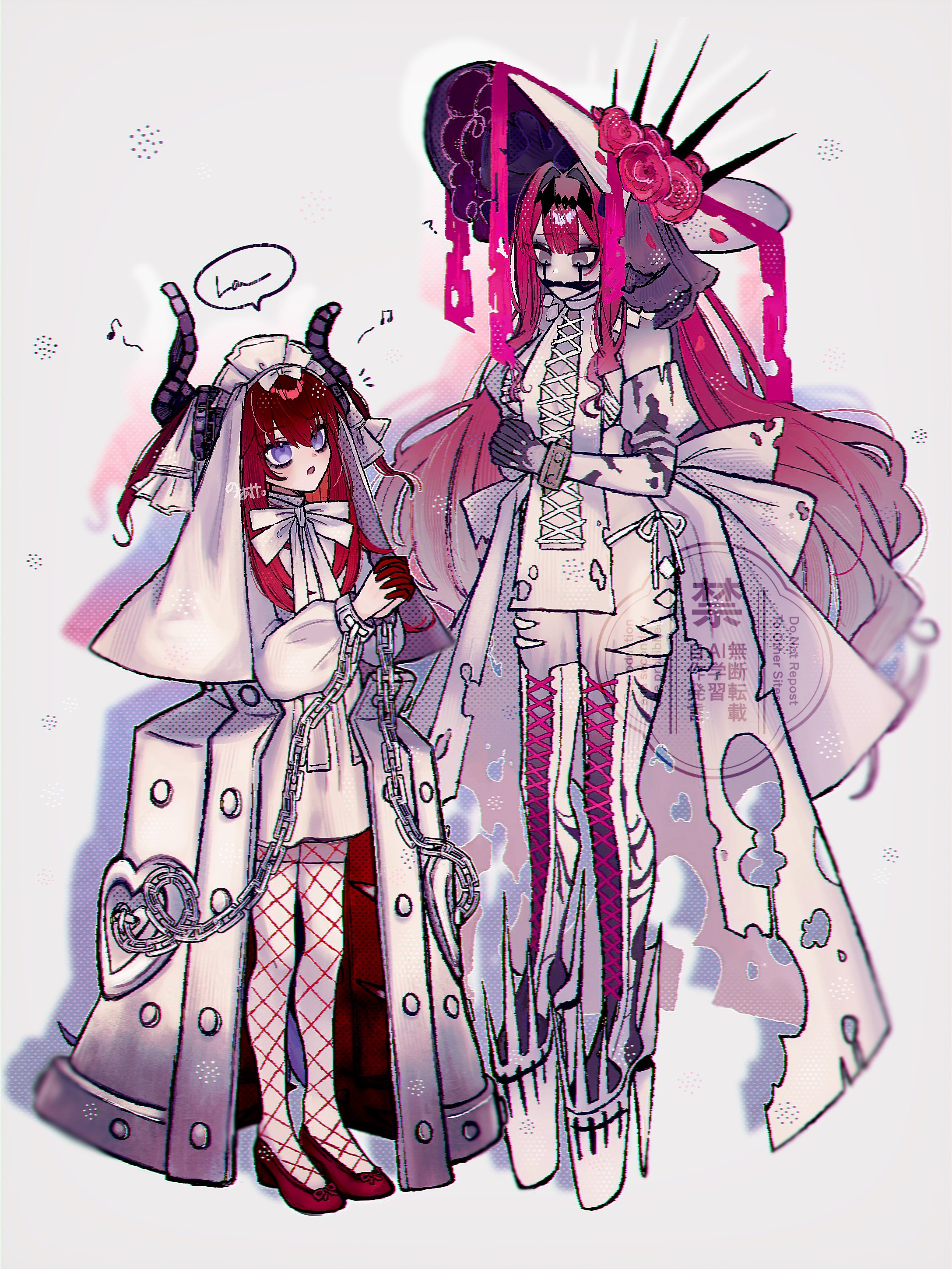 noa pisces, baobhan sith (fate), baobhan sith (third ascension) (fate), elizabeth bathory (fate), fate/grand order, fate (series), absurdres, highres, 2girls, bare shoulders, blue eyes, boots, bracelet, breasts, chain, cross-laced clothes, cuffs, curled horns, detached sleeves, dragon horns, dragon tail, dress, elizabeth bathory (avenger) (fate), facial mark, fangs, fishnet pantyhose, fishnets, flower, full body, gag, grey eyes, hair ribbon, hairband, hat, horns, iron maiden, jewelry, large breasts, large hat, long hair, long sleeves, multiple girls, panties, pantyhose, pink hair, platform heels, pointy ears, red hair, revealing clothes, ribbon, rose, shackles, short dress, sidelocks, small breasts, tail, thigh boots, thighhighs, two side up, underwear, veil, white dress, white hat, white panties, white thighhighs