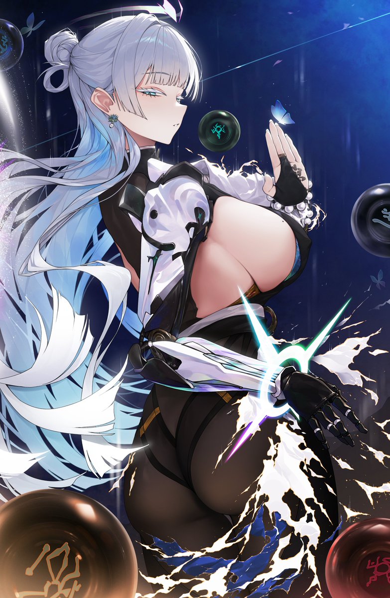 yozora (1wkdgusdn), nayuta (nikke), goddess of victory: nikke, highres, 1girl, ass, bead bracelet, beads, blue hair, bodysuit, bracelet, breasts, bridal gauntlets, colored inner hair, earrings, from behind, grey hair, hair bun, half-closed eyes, jewelry, large breasts, long hair, mechanical arms, mole, mole on breast, multicolored hair, sideboob, single mechanical arm, solo, thick eyelashes, very long hair
