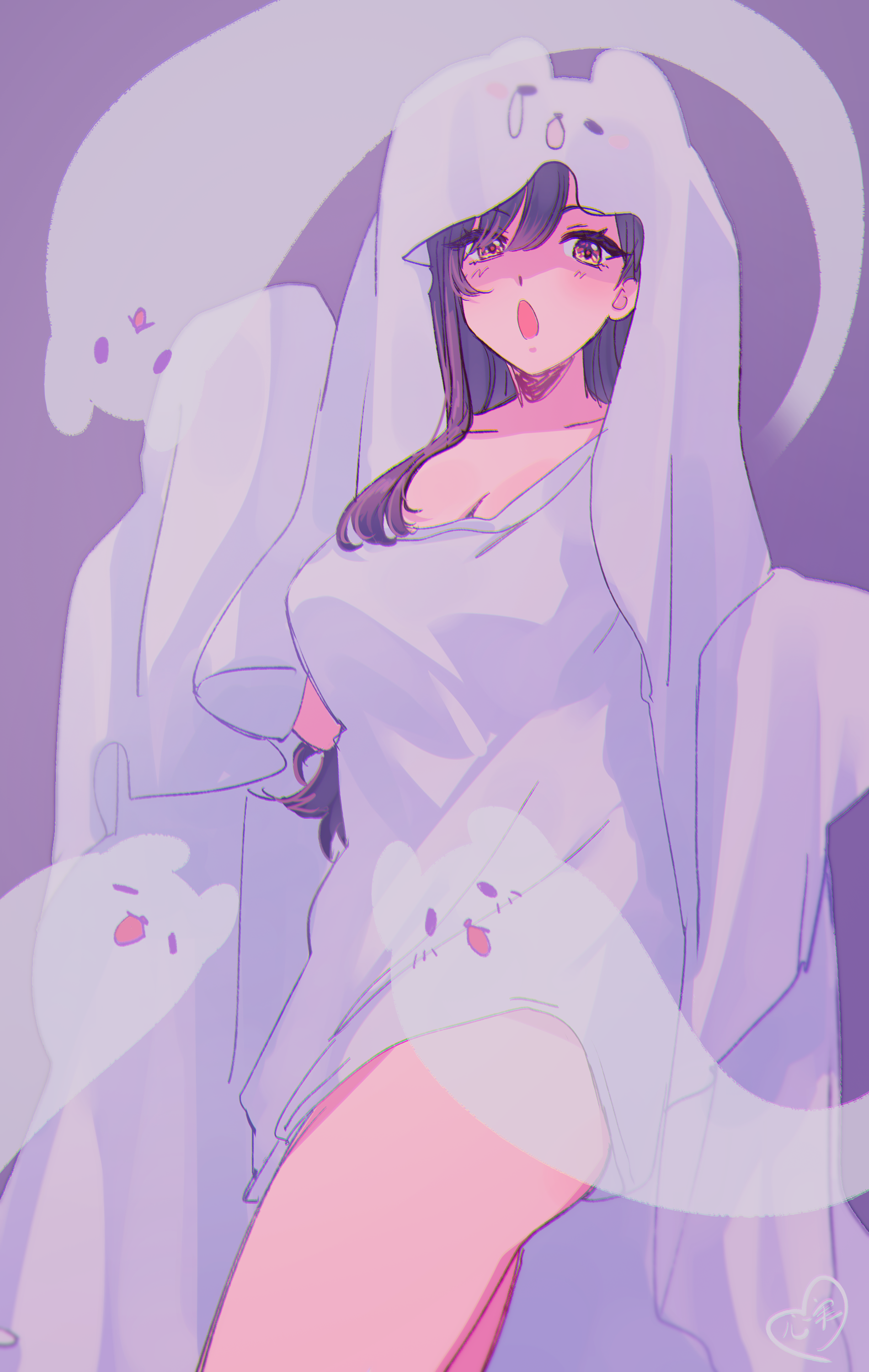 kokomi (aniesuakkaman), indie virtual youtuber, absurdres, highres, 1girl, breasts, brown eyes, brown hair, ghost, ghost costume, hair between eyes, kokomi (vtuber), large breasts, long hair, looking at viewer, open mouth, purple background, solo, virtual youtuber