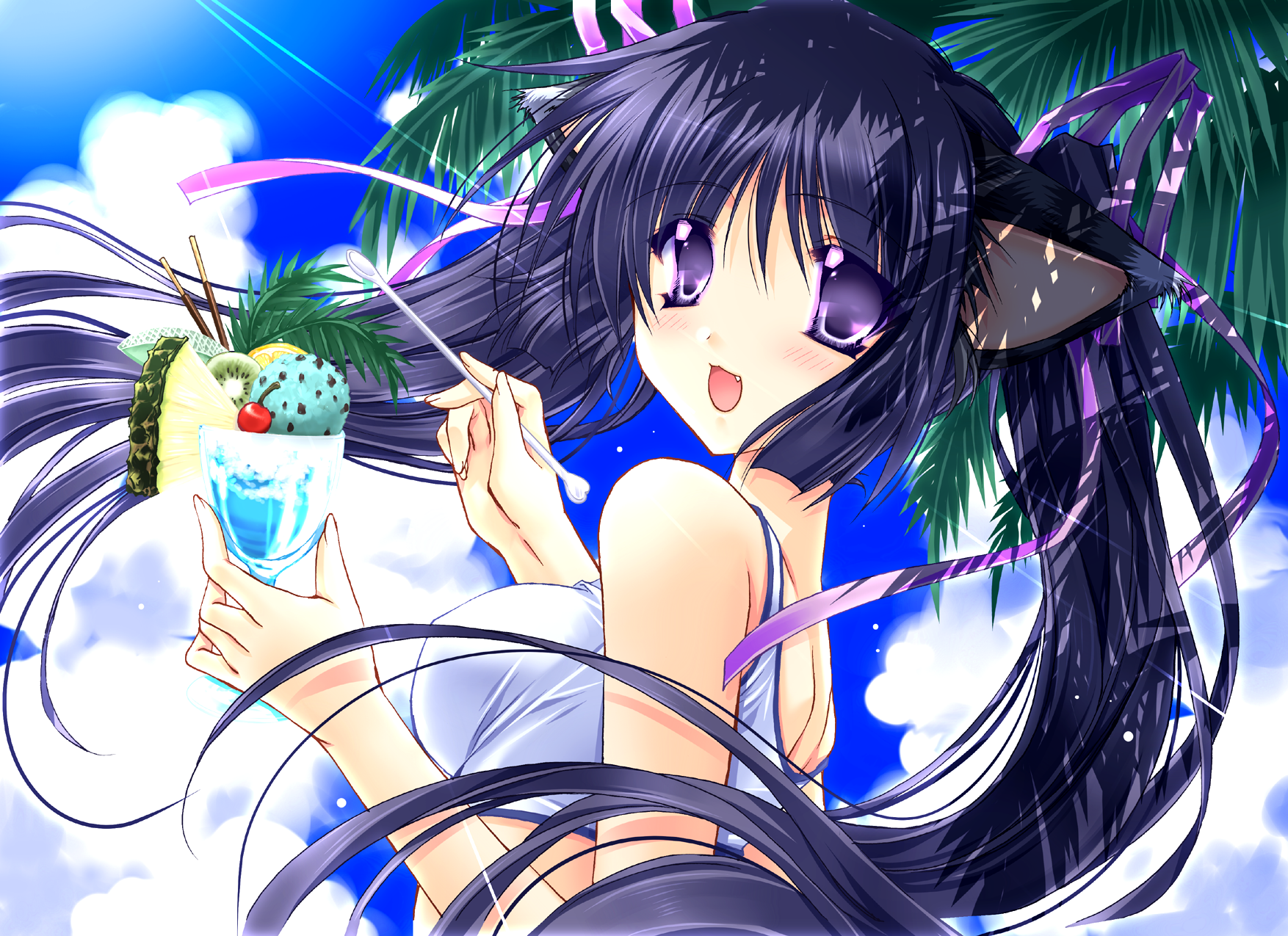 ryuuga shou, highres, animal ears, food, hair ribbon, ice cream, long hair, purple eyes, purple hair, ribbon, solo, twintails, very long hair