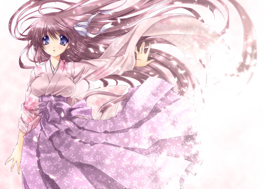 ryuuga shou, original, blue eyes, brown hair, cherry blossoms, japanese clothes, kimono, long hair, very long hair